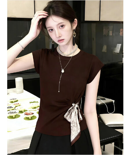 면 와 사고 방식 아메리칸 레트로 커피 색상 라운드 넥 나비 매듭 스카프 반팔 티셔츠 여성 여름 맨위