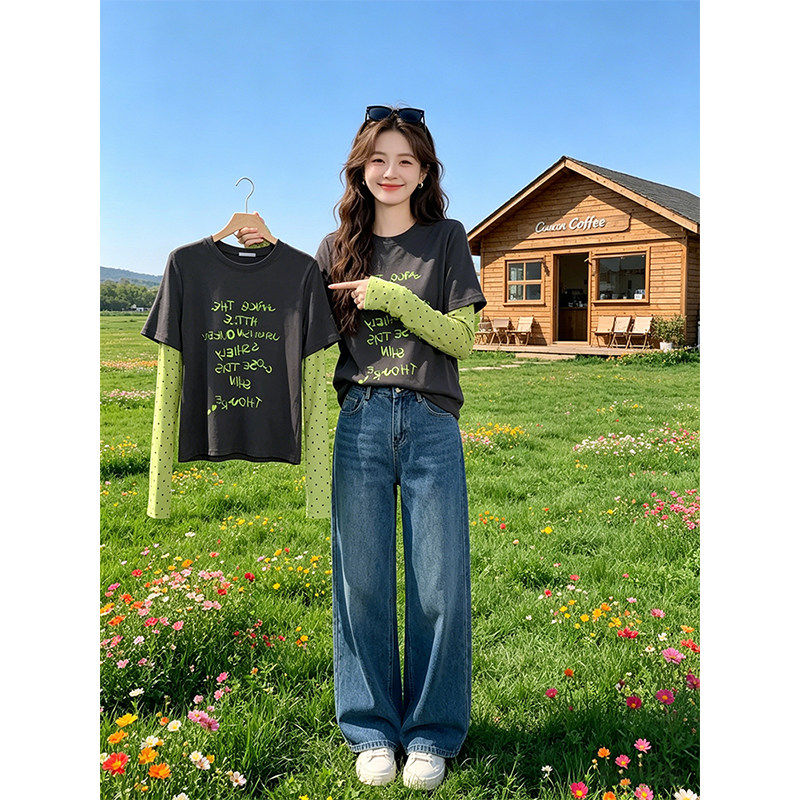 40 차가운 실크 차가운 면 1 1 리브 빅 사이즈 패치워크 알파벳 페이크 레이어드 긴팔 여성 아모이 슬림해 보이는 맨위