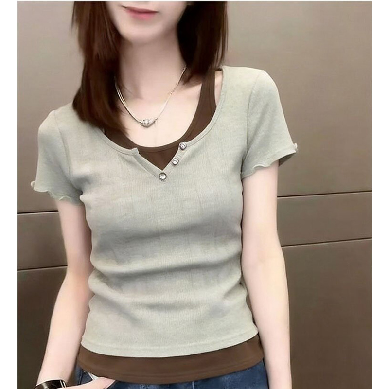 40 차가운 실크 차가운 면 1 1 리브 빅 사이즈 2026 여름 페이크 레이어드 반팔 여성 몸매 가꾸기 슬림해 보이는 맨위