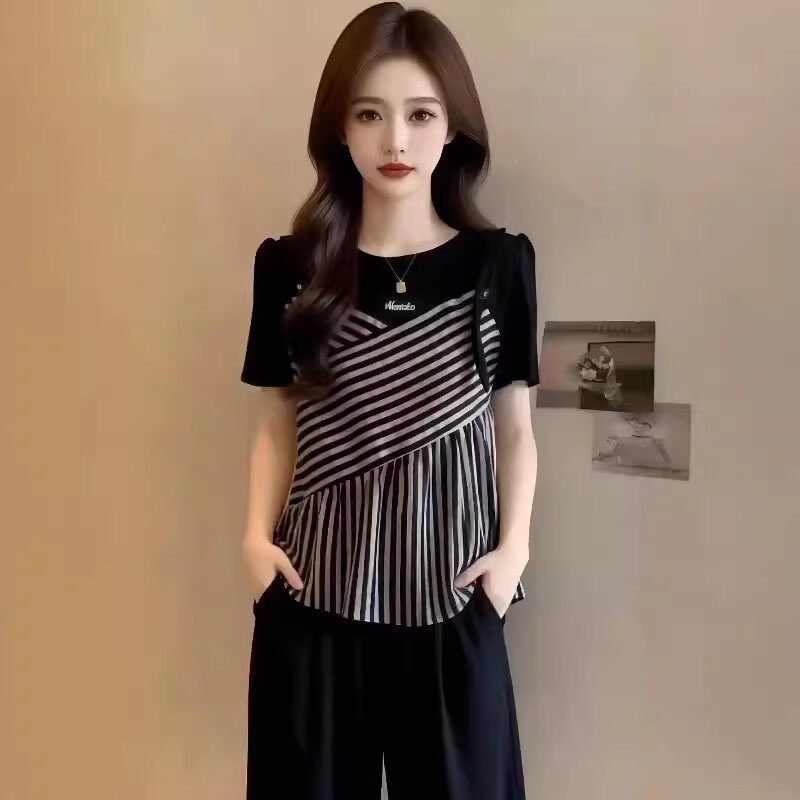레트로 배색 스트라이프 패치워크 페이크 레이어드 반팔 티셔츠 여성 여름 빅 사이즈 지방 mm 고유 한 Chic 슬림해 보이는 맨위