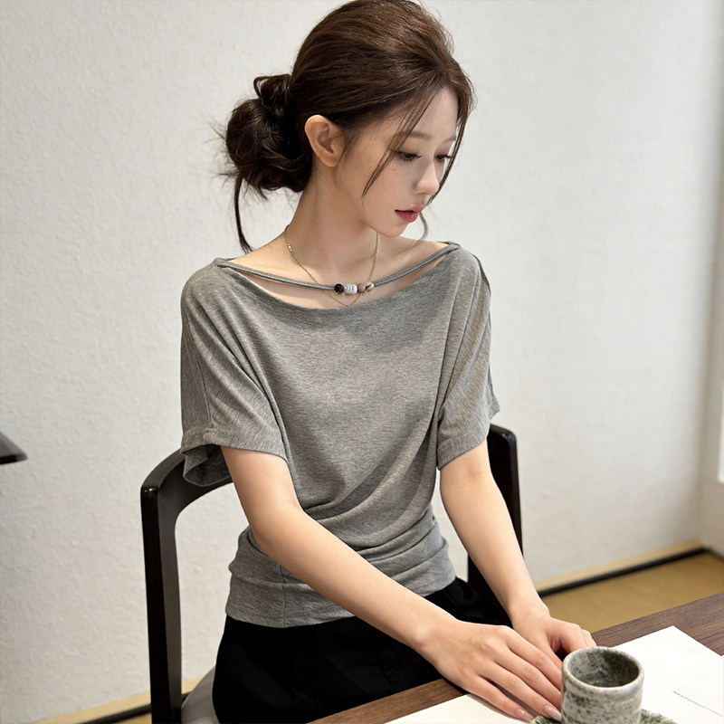 사람들 면 260g 빅 사이즈 익스트림 제인 바람 오프숄더 반팔 티셔츠 여성 여름 새로운 슬림해 보이는 허리 수축 품격 맨위
