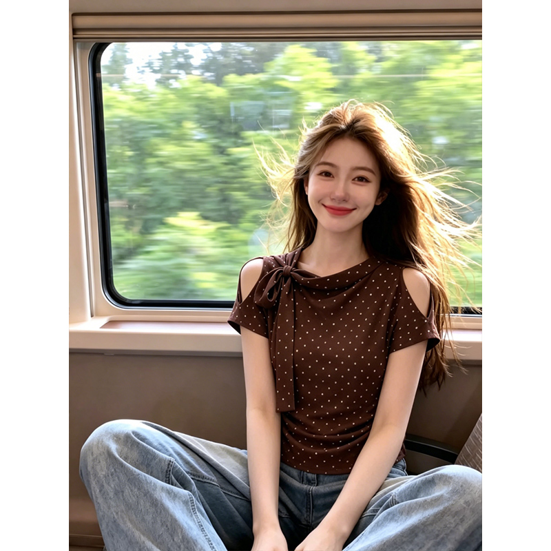 라이 우아한 와 사고 방식 빅 사이즈 디자인 레이스업 오프숄더 반팔 여성 여름 새로운 고급 슬림해 보이는 허리 수축 맨위