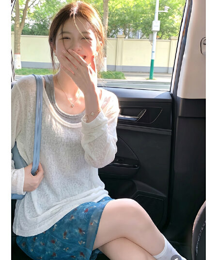 주간 실크 리브 빅 사이즈 긴팔 티셔츠 여성 여름 2026 새로운 느긋한 블라우스 코디 투피스 조끼