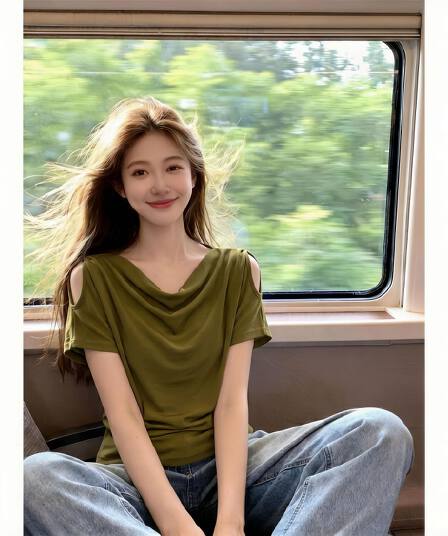 사람들 면 와 사고 방식 빅 사이즈 여성 빛 요리 한 바람 흔들다 칼라 오프숄더 반팔 티셔츠 여름 슬림해 보이는 품격 다용도 맨위