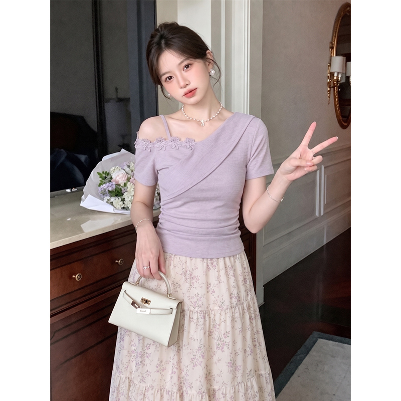 모방 면 리브 빅 사이즈 프랑스식 불규칙 3 차원 비스듬한 어깨 여성 여름 새로운 반팔 티셔츠 작은 대중 맨위