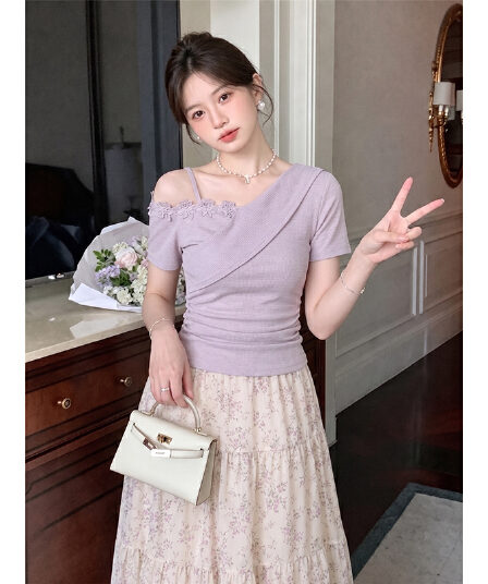 모방 면 리브 빅 사이즈 프랑스식 불규칙 3 차원 비스듬한 어깨 여성 여름 새로운 반팔 티셔츠 작은 대중 맨위
