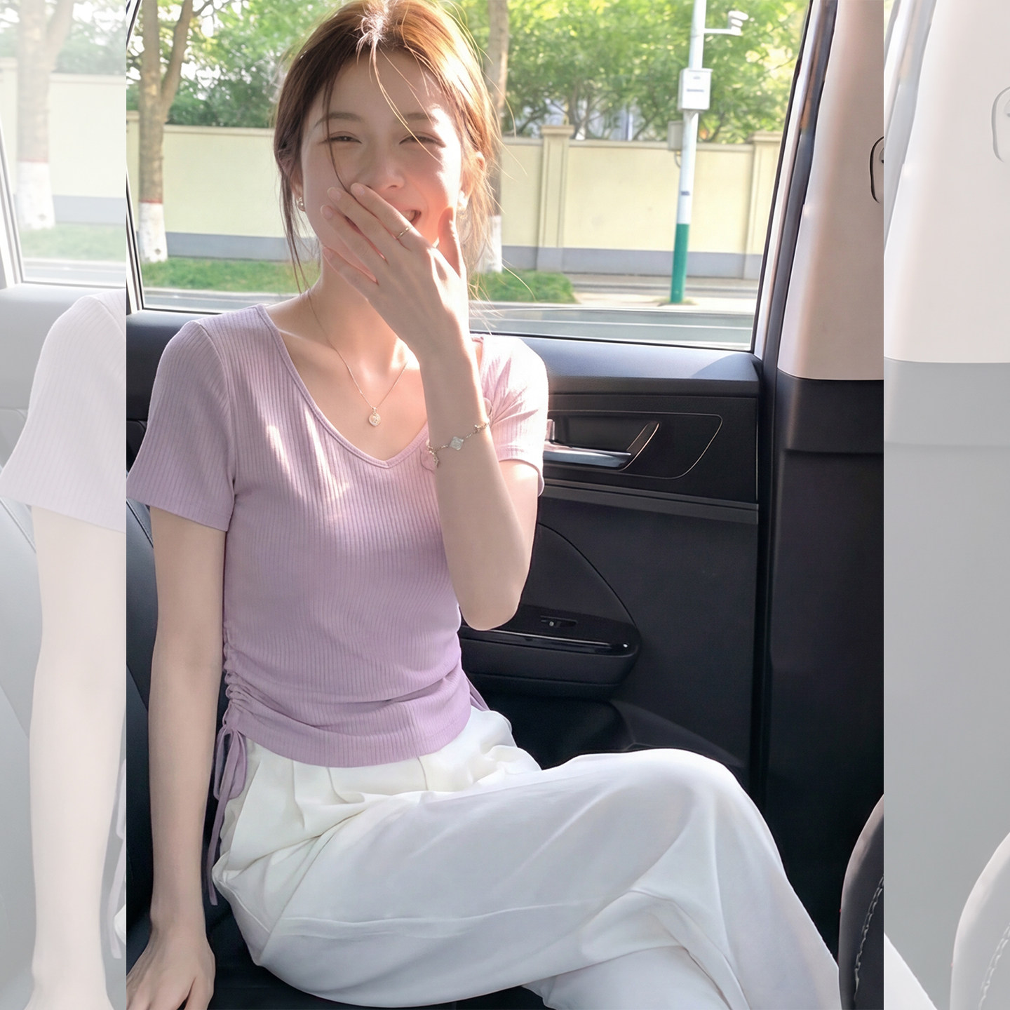 얼음 실크 리브 빅 사이즈 티셔츠 여성용 짧은 소매 2026 여름 고유 한 아름다운 아름다운 디자인 센스 보라색 V넥 맨위
