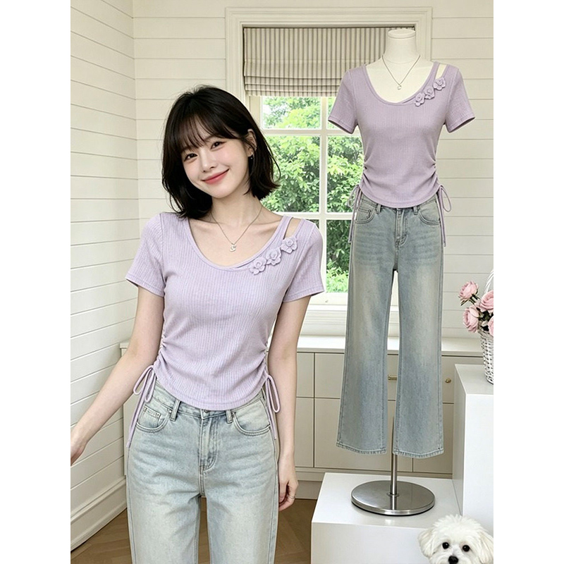 얼음 실크 리브 빅 사이즈 프랑스식 Chic 반팔 티셔츠 여성 여름 새로운 펌프 로프 허리 수축 슬림해 보이는 꽃 맨위