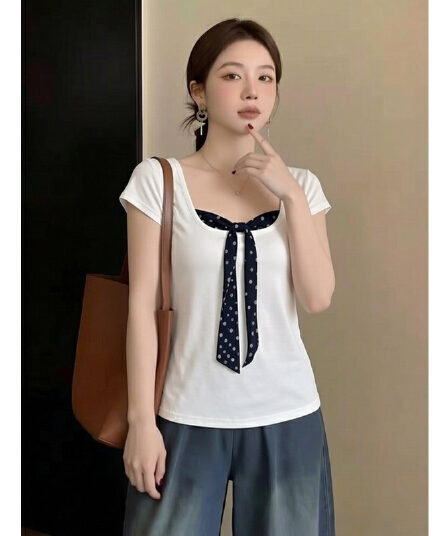 차가운 실크 차가운 면 리브 빅 사이즈 여성 여름 새로운 도트 무늬 패치워크 페이크 레이어드 슬림해 보이는 순수한 욕망 바람 허리 수축 맨위