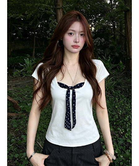 차가운 실크 차가운 면 리브 빅 사이즈 지방 mm 도트 무늬 페이크 레이어드 반팔 티셔츠 여성 여름 나비 넥타이 맨위