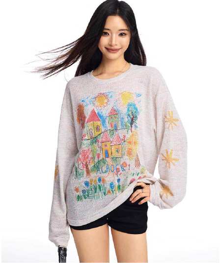 캐주얼 패션 낙서 블라우스 티셔츠 레트로 여성 2026 년 여름 새로운 통기성 긴팔 루즈핏 라운드 넥 맨위