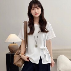批发【32支纯棉拉架1*1食毛】<b class='q'>大码</b>拼接收腰短袖T恤<b class='q'>女</b>2026夏季新款上衣