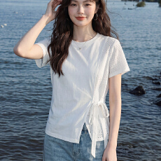 批发【32支纯棉拉架1*1食毛】<b class='q'>大码</b><b class='q'>女</b>拼接短袖T恤2026夏季新款收腰上衣