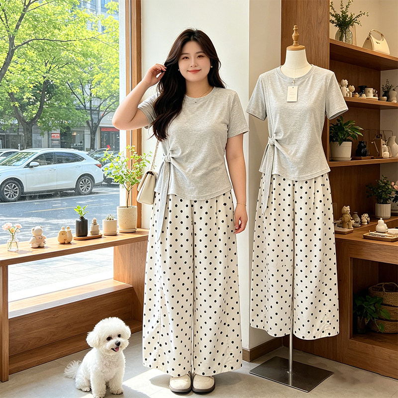 차가운 실크 차가운 면 빅 사이즈 외국 가스 맨위 도트 무늬 와이드 레그 팬츠 세트 여성 여름 새로운 슬림해 보이는 캐주얼 투피스 세트