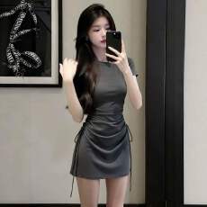批发人棉大码纯欲风抽绳掐腰短袖<b class='q'>连衣裙</b>女夏新款修身显瘦包臀短裙