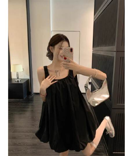 휴가 바람 u 칼라 검정색 캐미솔 여성 드레스 여름 품격 루즈핏 캐주얼 백리스 꽃밭 짧은 치마