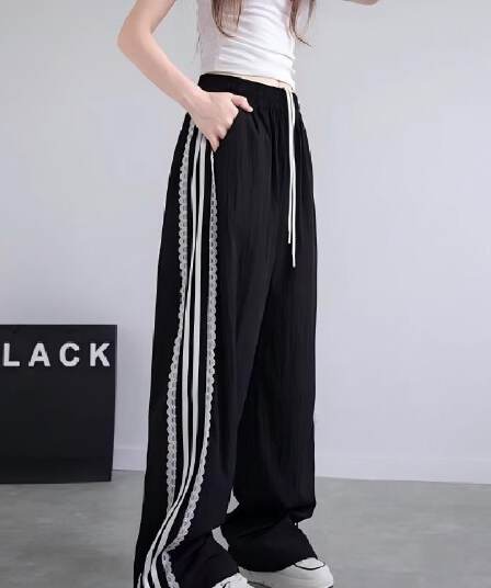 브로케이드 면 주름 디자인 센스 스트라이프 레이스 측면 워크웨어 팬츠 여성 여름 2026 새로운 작은 키 하이웨이스트 작은 대중 Chic