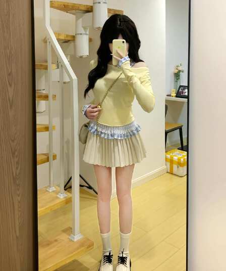 페이크 레이어드 레이스 체크무늬 비스듬한 오프숄더 긴팔 티셔츠 맨위 플리츠 반신 미니 스커트 26 새로운