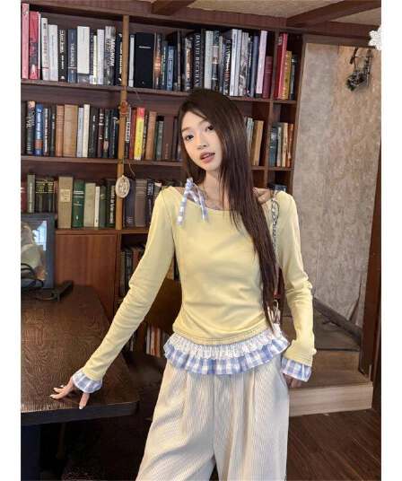 원본 솜씨 페이크 레이어드 여성 26 새로운 작은 키 몸매 가꾸기 상의 레이스 인사이드 가져 가라. 긴팔 티셔츠 맨위