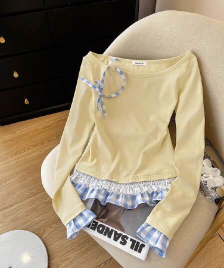 원본 솜씨 페이크 레이어드 긴팔 티셔츠 작은 대중 패치워크 체크무늬 인사이드 가져 가라. 기본 셔츠 쇼트 스타일 다용도 맨위