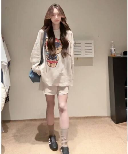 주간 실크 아마 평직 26 폭발 전체 집합 고양이 프린트 자외선 차단 블라우스 캐주얼 반바지 투피스 슈트
