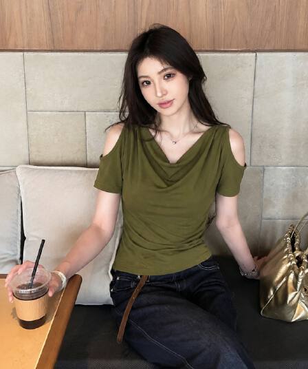사람들 면 와 사고 방식 오프숄더 몸매 가꾸기 티셔츠 여성 26 여름 새로운 반팔 오프숄더 빛 사람들 코치 착용 잡아라. 의류