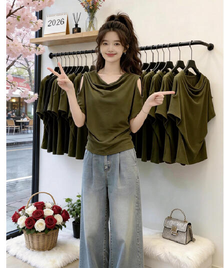 사람들 면 와 사고 방식 빅 사이즈 흔들다 칼라 미니멀리즘 오프숄더 몸매 가꾸기 반팔 티셔츠 여성 아모이 슬림해 보이는 외국 가스 맨위