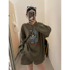 批发【天丝亚麻平纹】韩式小猫印花长袖T恤短裤<b class='q'>女</b>两件套宽松时尚套<b class='q'>装</b>
