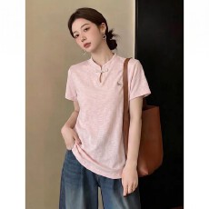 批发雪花棉设计感温柔中式国风盘扣<b class='q'>T</b><b class='q'>恤</b>女夏修身显瘦时尚短袖上衣