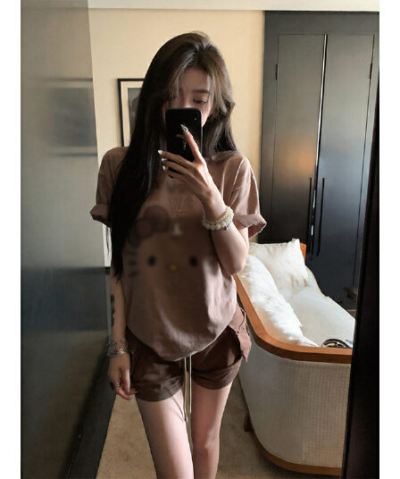 대나무 마디 면 만화 귀여운 고양이 프린트 티셔츠 여성 26 여름 캐주얼 핫걸 바람 루즈핏 반팔 티셔츠 맨위