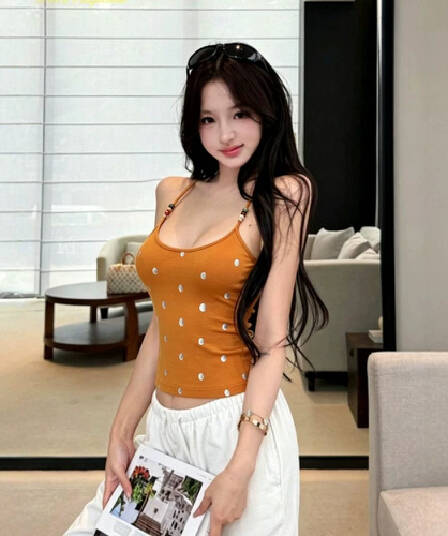 사람들 면 260g26 아모이 주황색 도트 무늬 슬립 여성 색상 구슬 어깨끈 디자인 센스 순수한 욕망 바람 슬림해 보이는 맨위