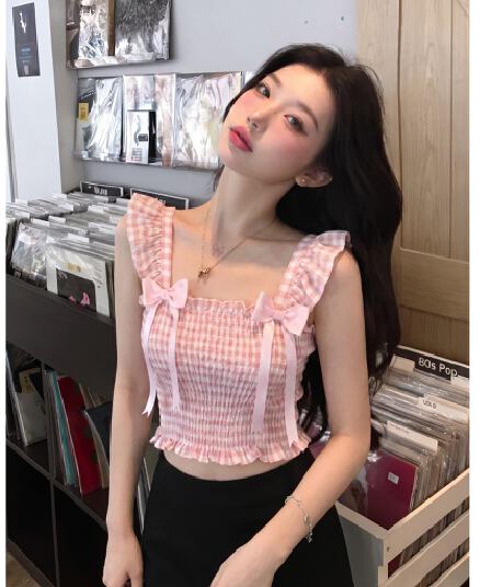 체크 직물 핑크색 체크무늬 작은 날다 소매 슬립 양어깨 길다 리본 나비 매듭 분위기 센스 조끼