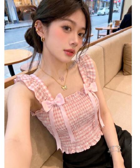 체크 직물 한 부서 달콤한 자매 바람 광장 칼라 슬립 요금 예 페이 어깨끈 더블 나비 매듭 여름 섹션 맨위