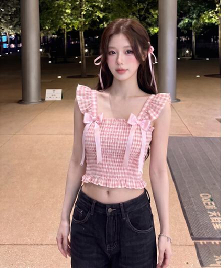 체크 직물 한 부서 체크무늬 작은 날다 소매 슬립 여성 여름 양어깨 리본 나비 매듭 슬림해 보이는 맨위