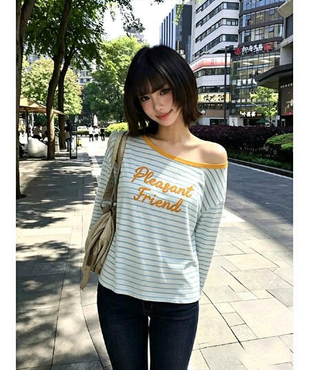 한 부서 오프숄더 블루 화이트 스트라이프 긴팔 티셔츠 여성 26 여름 새로운 루즈핏 슬림해 보이는 느긋한 센스 캐주얼 바람 블라우스