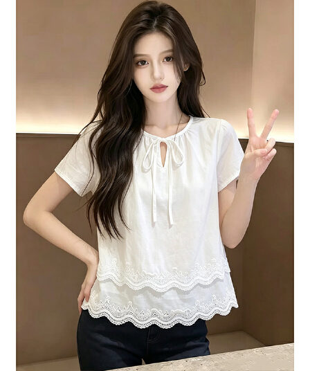 사면 신축 패치워크 레이스 라운드 넥 반팔 화이트 여성 셔츠 새로운 여름 루즈핏 슬림해 보이는 캐주얼 맨위