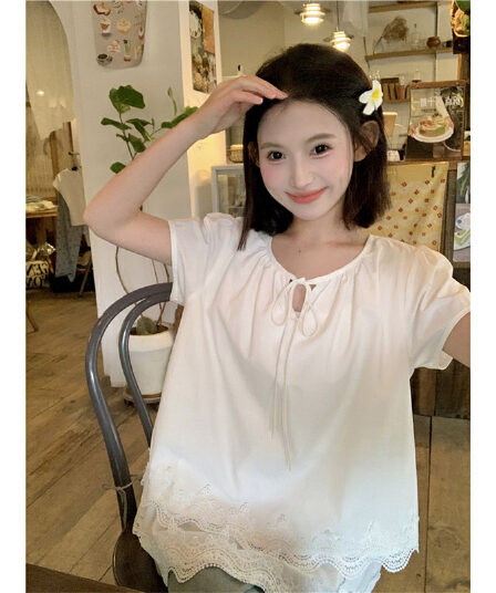 사면 신축 레이스 홀로우 아웃 계단식 레이스 프랑스식 작은 셔츠 26 여름 새로운 루즈핏 품격 Chic 셔츠