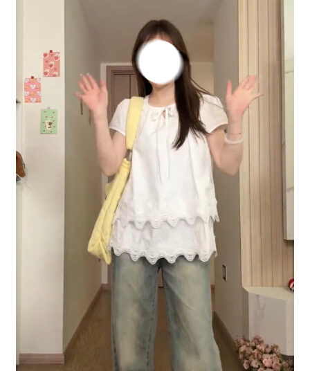 사면 신축 레이스 레이스 화이트 반팔 여성 셔츠 여름 섹션 한 부서 품격 아름다운 긍정적 인 어깨 셔츠 맨위