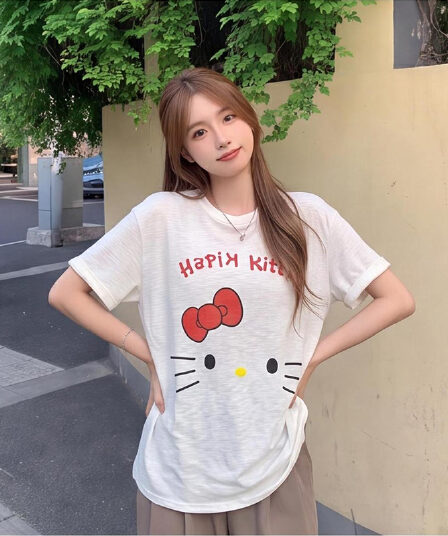 대나무 마디 면 만화 고양이 프린트 반팔 티셔츠 여성 26 여름 켜기 새로운 루즈핏 섹션 다용도 연령 감소 티셔츠 맨위
