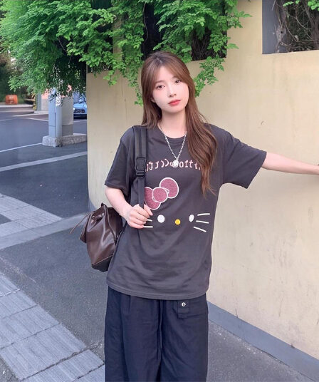 대나무 마디 면 한국 스타일 귀여운 만화 프린트 맨위 티셔츠 캐주얼 26 여름 새로운 반팔 루즈핏 슬림해 보이는 티셔츠