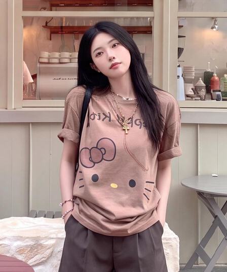 대나무 마디 면 한국 스타일 귀여운 만화 프린트 맨위 티셔츠 캐주얼 26 여름 새로운 반팔 루즈핏 슬림해 보이는 티셔츠