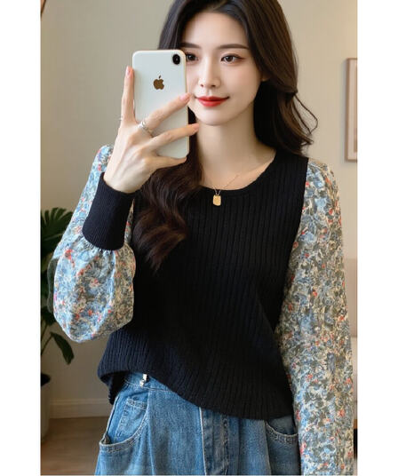 가을 빅 사이즈 여성 셔츠 한 부서 꽃무늬 패치워크 긴팔 거품 소매 셔츠 가짜 2 피스 슈트 맨위
