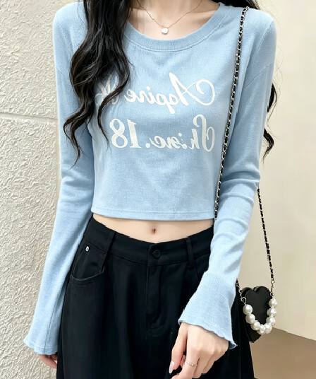 대나무 마디 면 파란색 긴팔 티셔츠 여성 의류 26 가을 새로운 작은 대중 디자인 센스 Chic 세련된 티셔츠 맨위