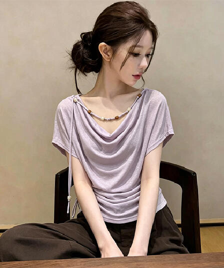 차가운 실크 차가운 면 리브 부드러운 흔들다 칼라 반팔 티셔츠 여성 여름 26 주름 패션 몸매 가꾸기 맨위