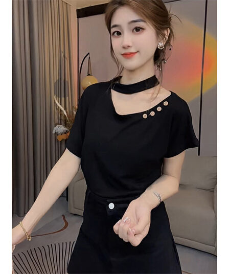 차가운 실크 차가운 면 리브 디자인 센스 반팔 티셔츠 여성 여름 새로운 몸매 가꾸기 슬림해 보이는 고유 한 맨위