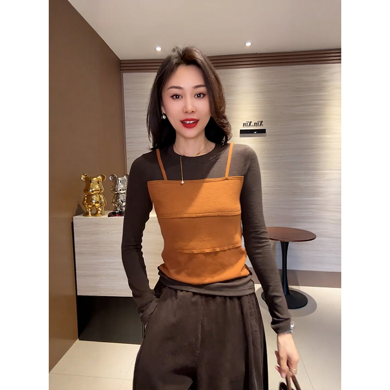 BY33106# 德绒螺纹撞色吊带拼接假两件长袖女26秋款叠穿打底衫设计感上衣 服裝批發女裝批發服飾貨源