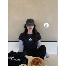 批发彩棉拉架 设计感假两件正肩上衣女26新款叠穿打底长袖<b class='q'>t</b><b class='q'>恤</b>韩系ins