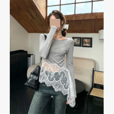 批发26秋季新款法式斜边蕾丝拼接长袖女巨好看漂亮显瘦上衣