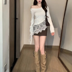 批发彩棉拉架  纯欲风不规则蕾丝下摆长袖<b class='q'>T</b><b class='q'>恤</b>女秋修身显瘦上衣打底衫