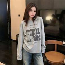批发19支纯棉230g 美式复古印花长袖T恤女26秋新款时尚宽松圆领上衣